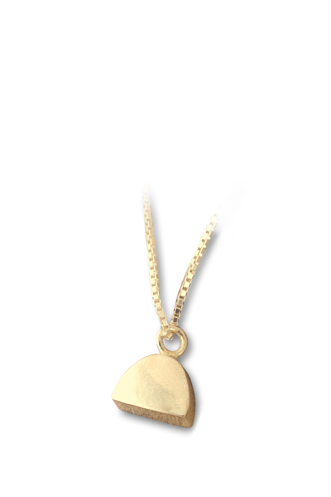 Ascheschmuck Mensch aus 585er Gold freigestellt auf weißem Hintergrund, kleiner Erinnerungsanhänger in Halbkreisform.