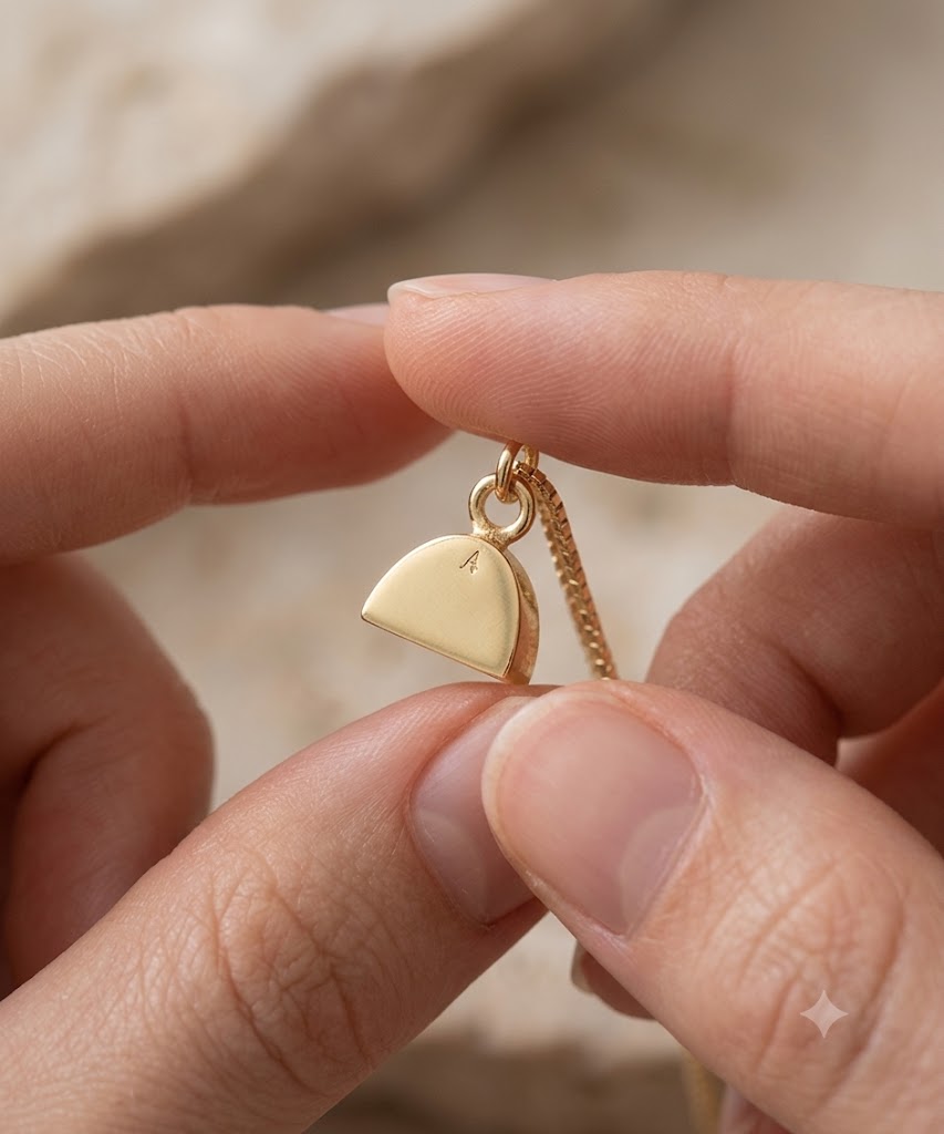 Vergoldeter Ascheschmuck Mensch zwischen den Fingern gehalten, Erinnerungsanhänger mit Gravurfläche.