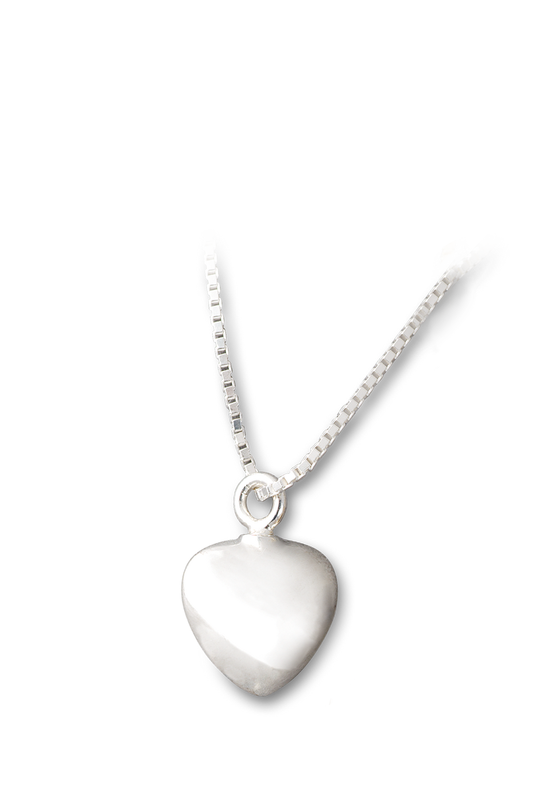 Ascheschmuck Mensch Herz aus Sterlingsilber freigestellt auf weißem Hintergrund, Erinnerungsanhänger mit Gravur.