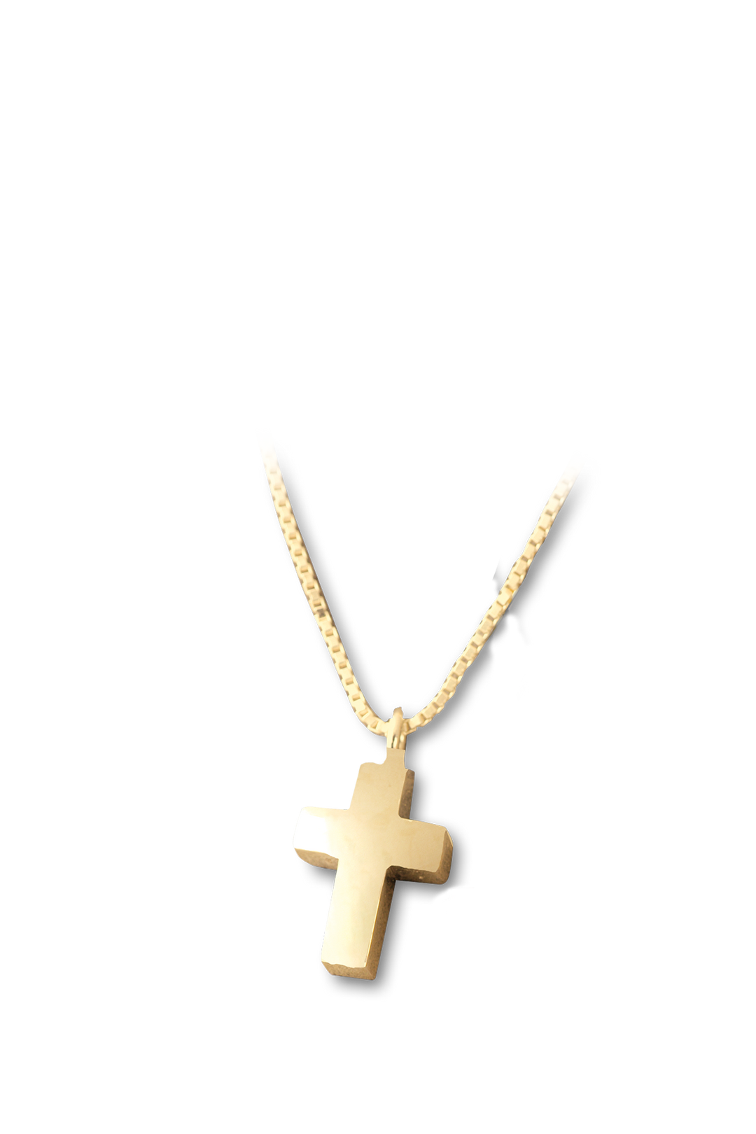 Ascheschmuck Mensch Kreuz aus 585er Gold freigestellt auf weißem Hintergrund, kleiner Erinnerungsanhänger.