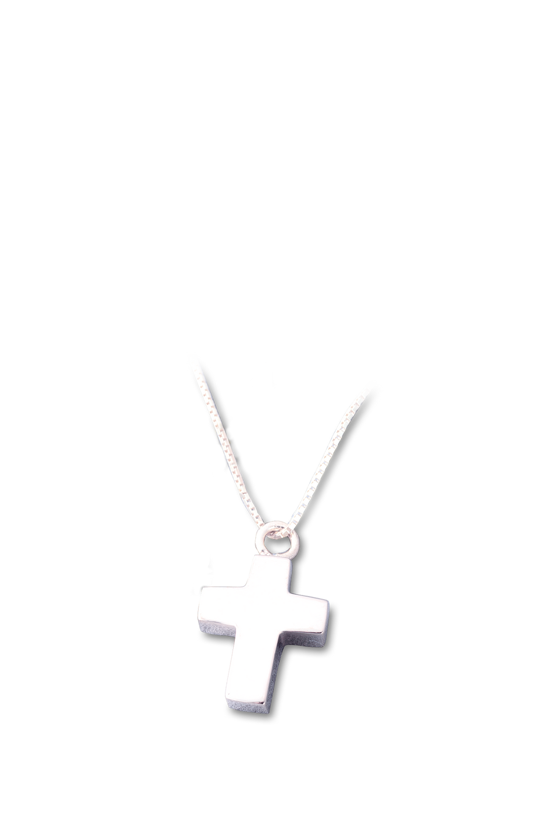 Ascheschmuck Mensch Kreuz Mini aus Sterlingsilber freigestellt auf weißem Hintergrund, kleiner Erinnerungsanhänger mit Gravur.