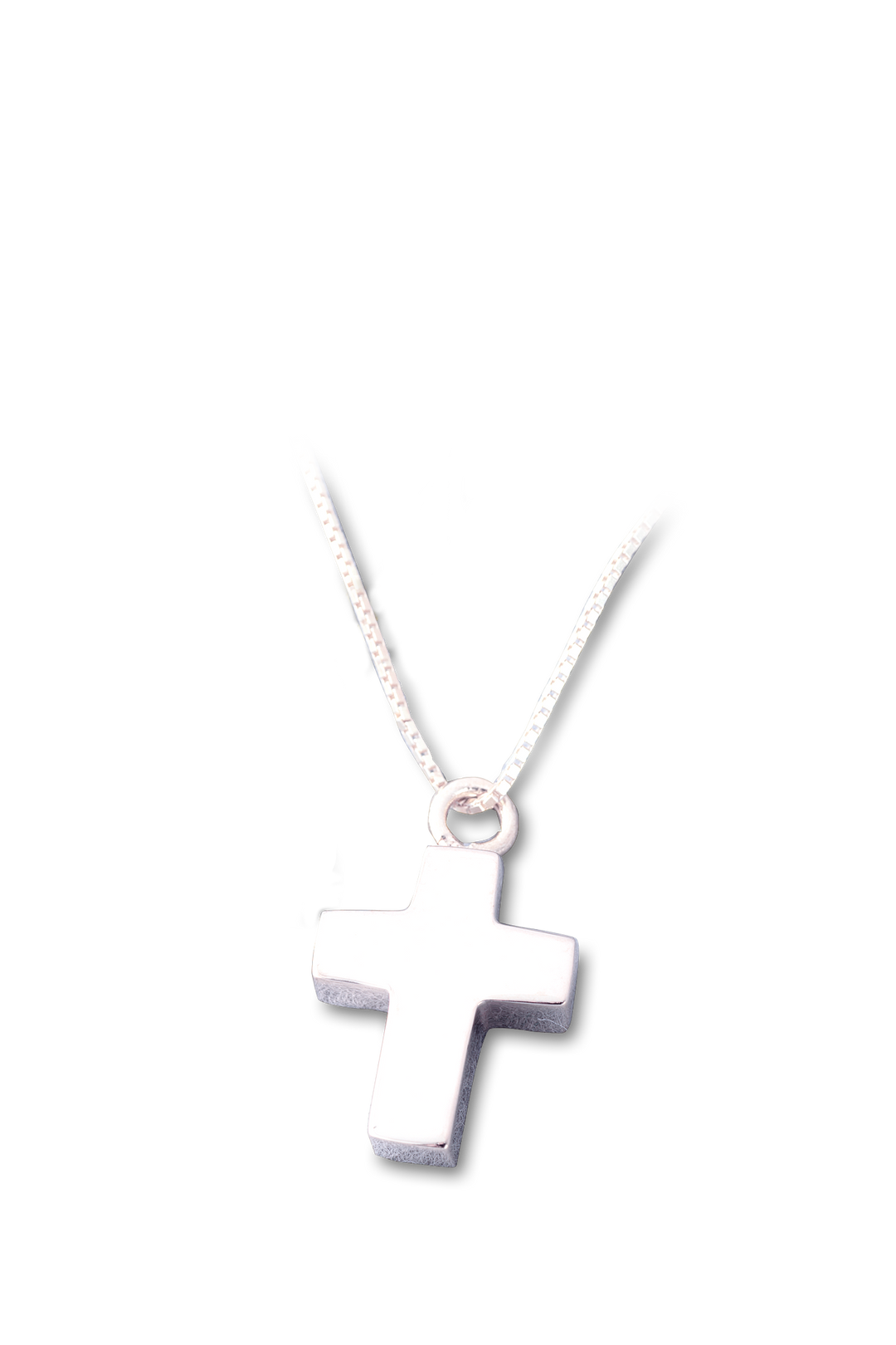 Ascheschmuck Mensch Kreuz aus Sterlingsilber freigestellt auf weißem Hintergrund, Erinnerungsanhänger mit Gravur.