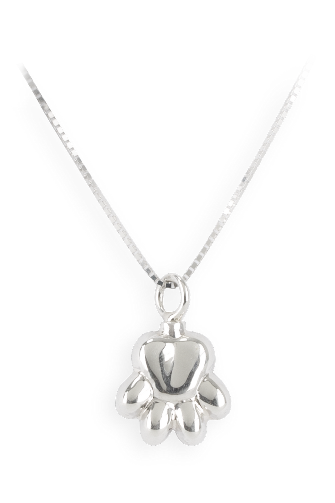 Ascheschmuck Pfote aus Sterlingsilber freigestellt auf weißem Hintergrund, Erinnerungsanhänger für Hund und Katze.