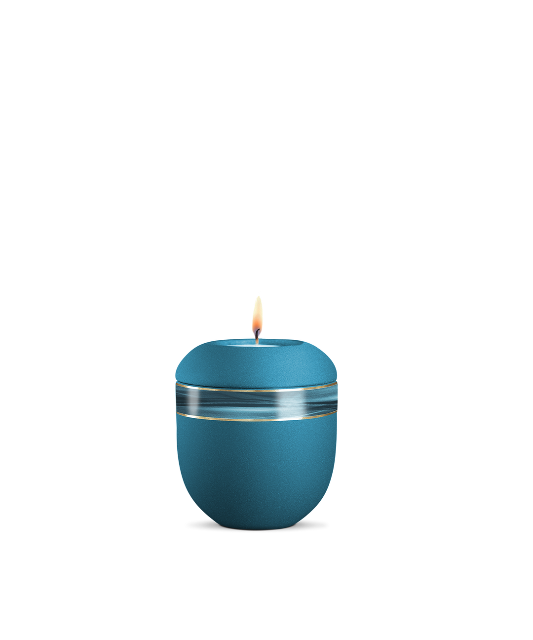 Gedenklicht für Verstorbene in Arctic Türkis mit Wellendekor, Porzellan mit gebürstetem Golddekor, brennende Kerze.