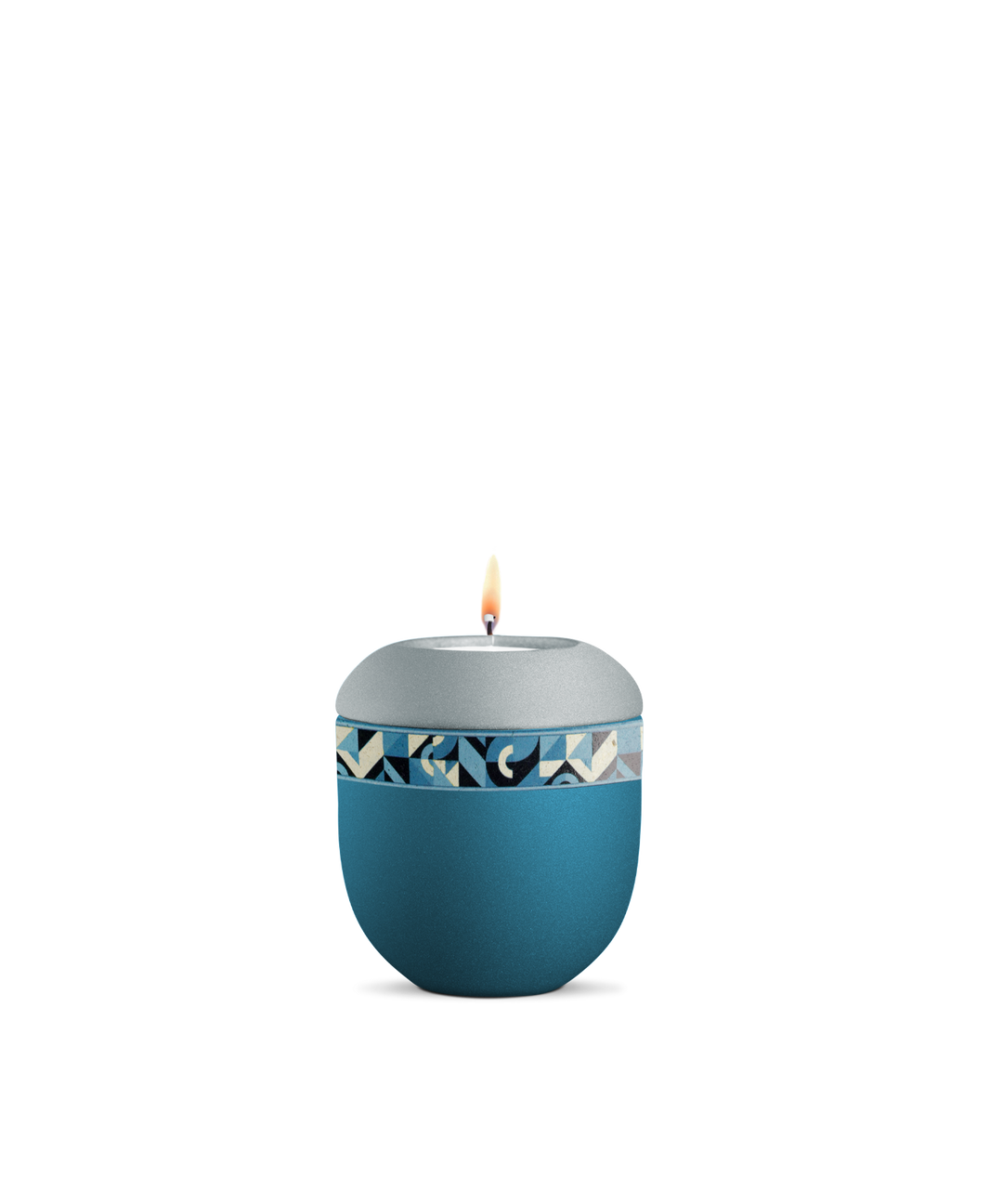 Gedenklicht für Verstorbene in Arctic Türkis-Eisblau mit geometrischem Naturfaser-Dekor, Porzellan, brennende Kerze, für Mensch und Tier.