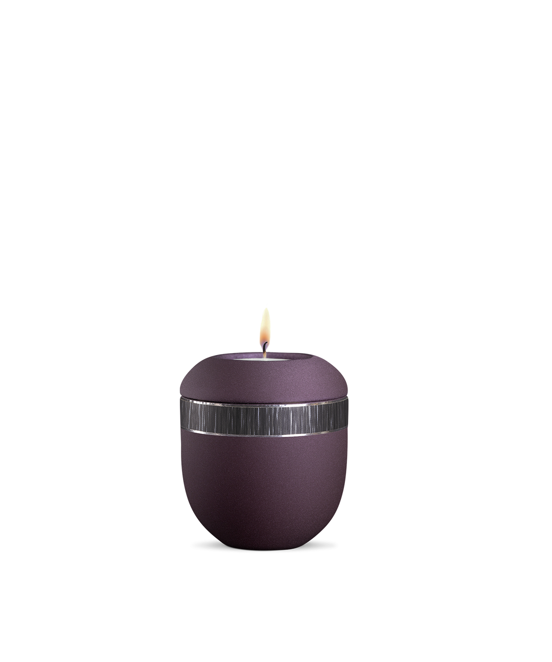 Gedenklicht für Verstorbene in Berry, Porzellan mit schwarz gebürstetem Dekor, brennende Kerze.