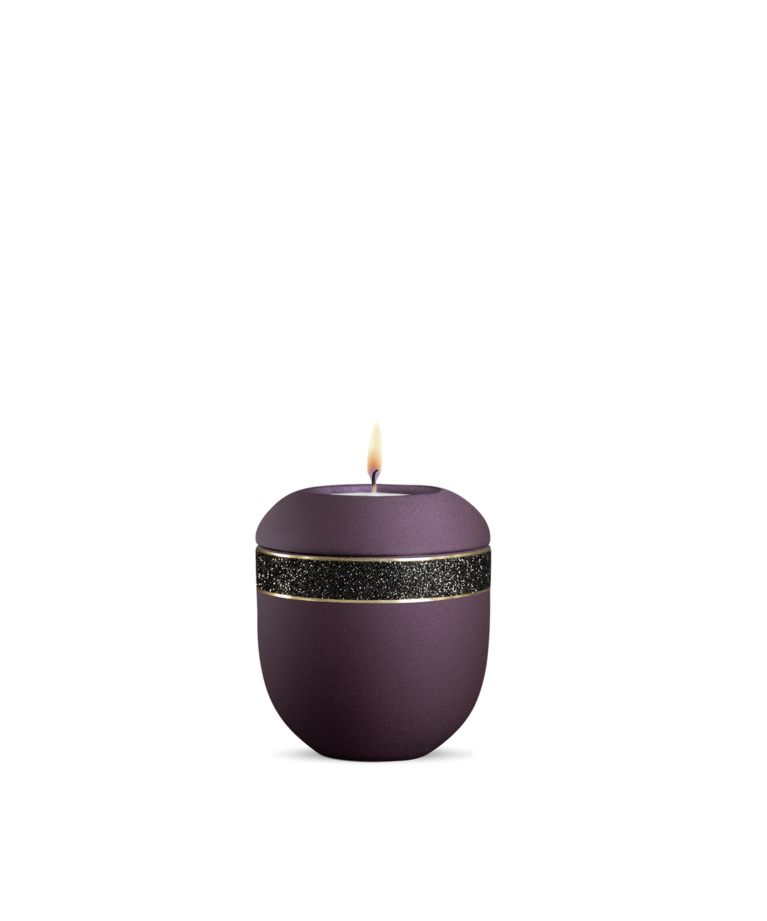 Gedenklicht für Verstorbene in Berry mit schwarzem Glitzer-Dekor, Porzellan mit gebürsteten Goldbändern, brennende Kerze.