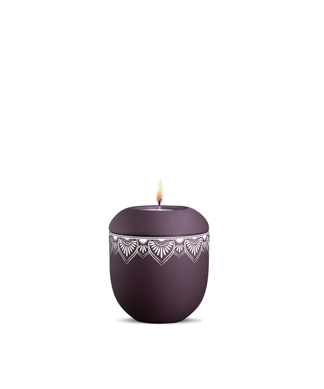 Gedenklicht für Verstorbene in Berry mit umlaufendem Mandala, Porzellan, brennende Kerze, für Mensch und Tier.
