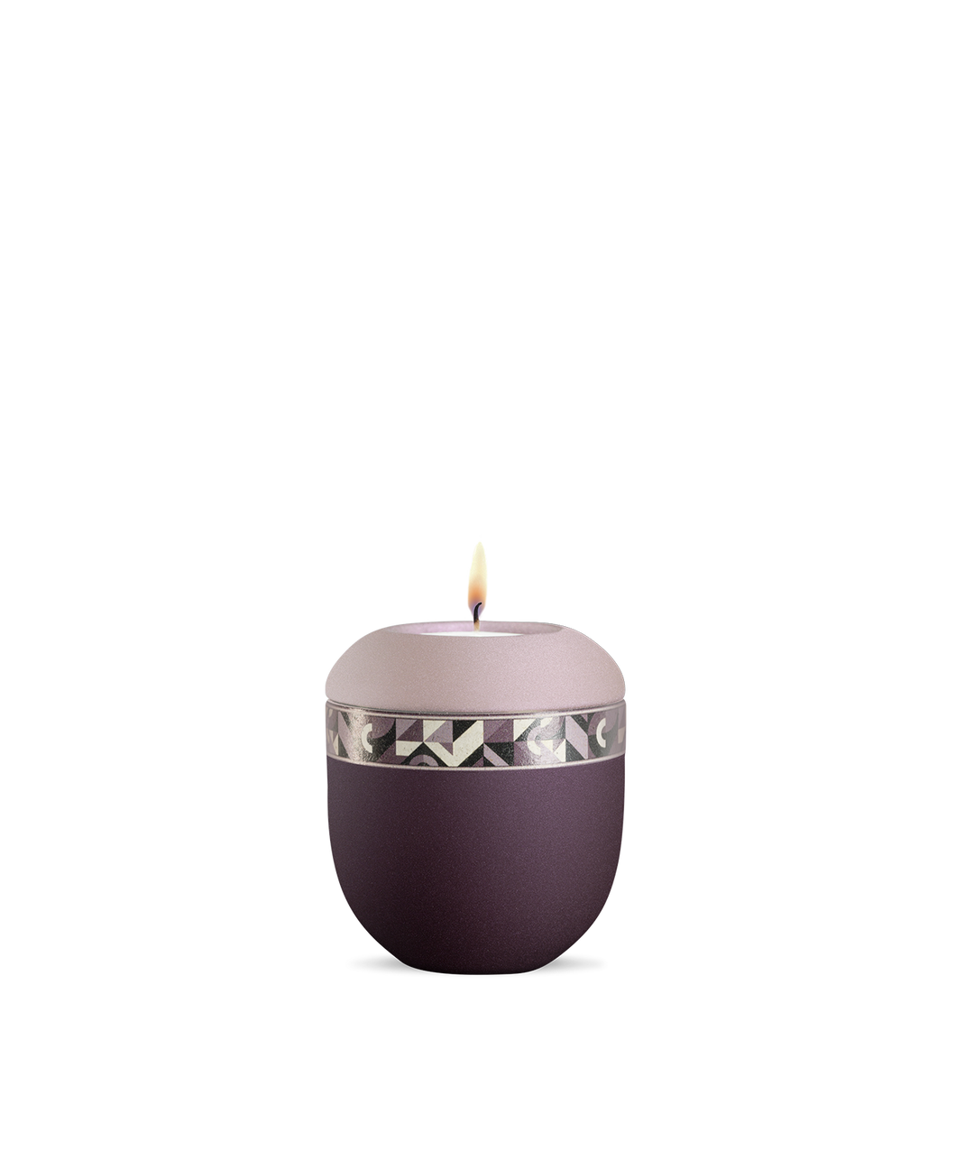 Gedenklicht für Verstorbene in Berry-Rosé mit geometrischem Naturfaser-Dekor, Porzellan, brennende Kerze, für Mensch und Tier.
