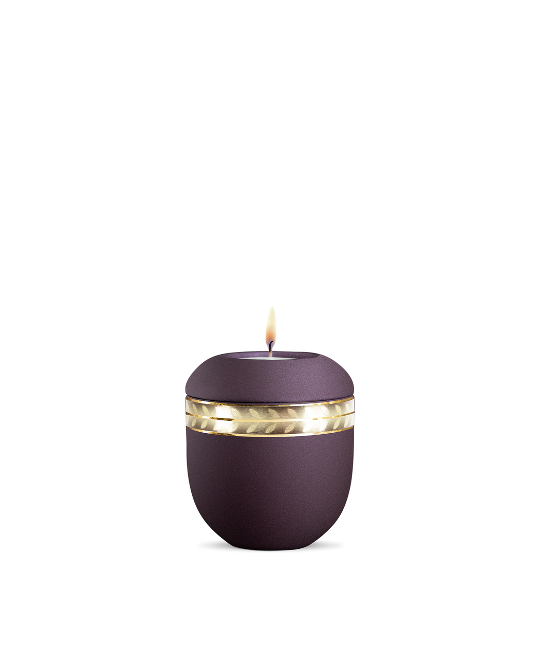 Gedenklicht für Verstorbene in Berry mit Zweig-Motiv, Porzellan mit gebürstetem Golddekor, brennende Kerze.