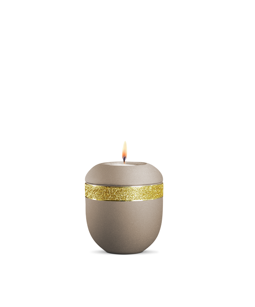 Gedenklicht für Verstorbene in Champagner mit goldenem Glitzer-Dekor, Porzellan mit glänzenden Goldstreifen, brennende Kerze.