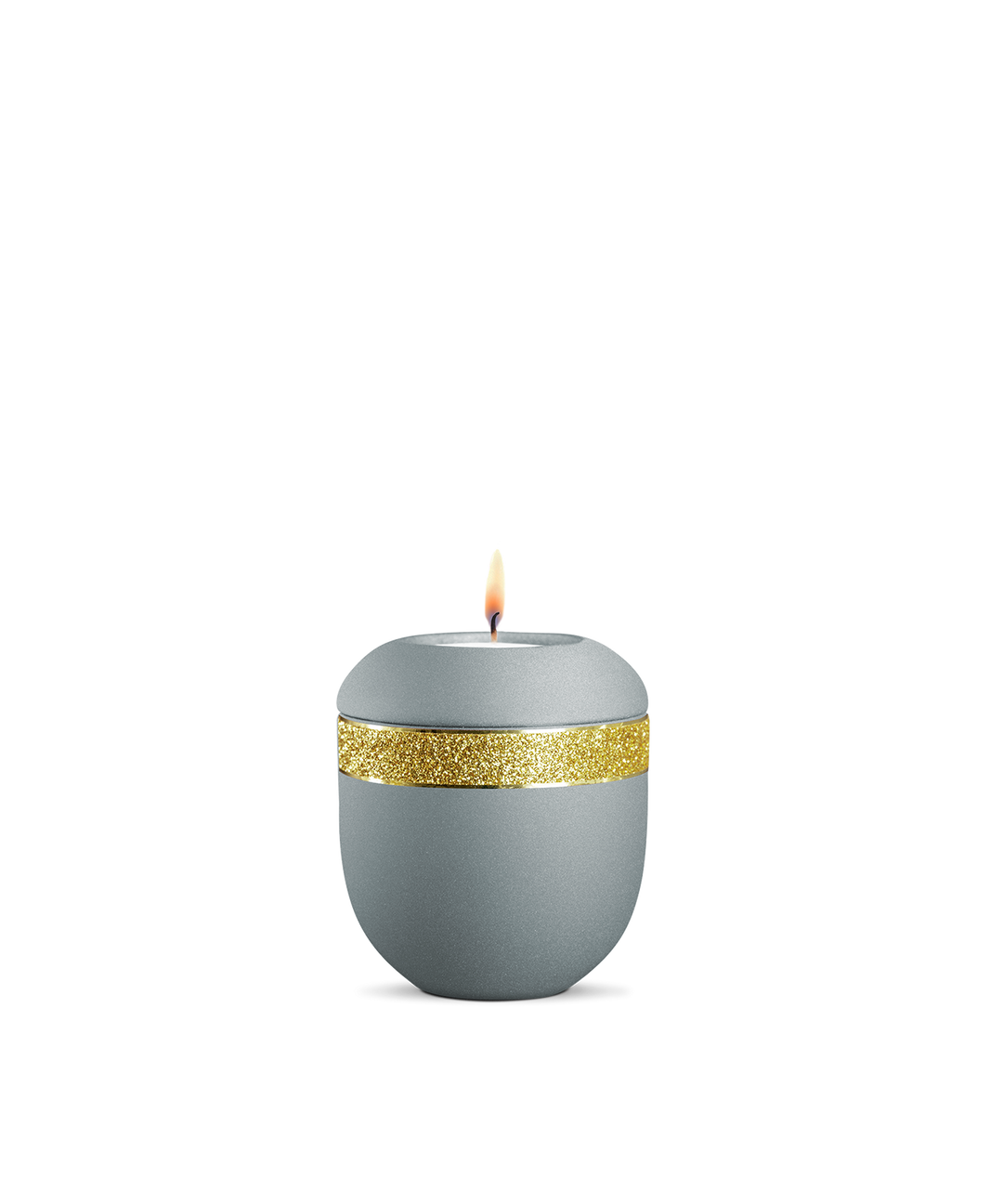 Gedenklicht für Verstorbene in Eisblau mit goldenem Glitzer-Dekor, Porzellan mit glänzenden Goldstreifen, brennende Kerze.