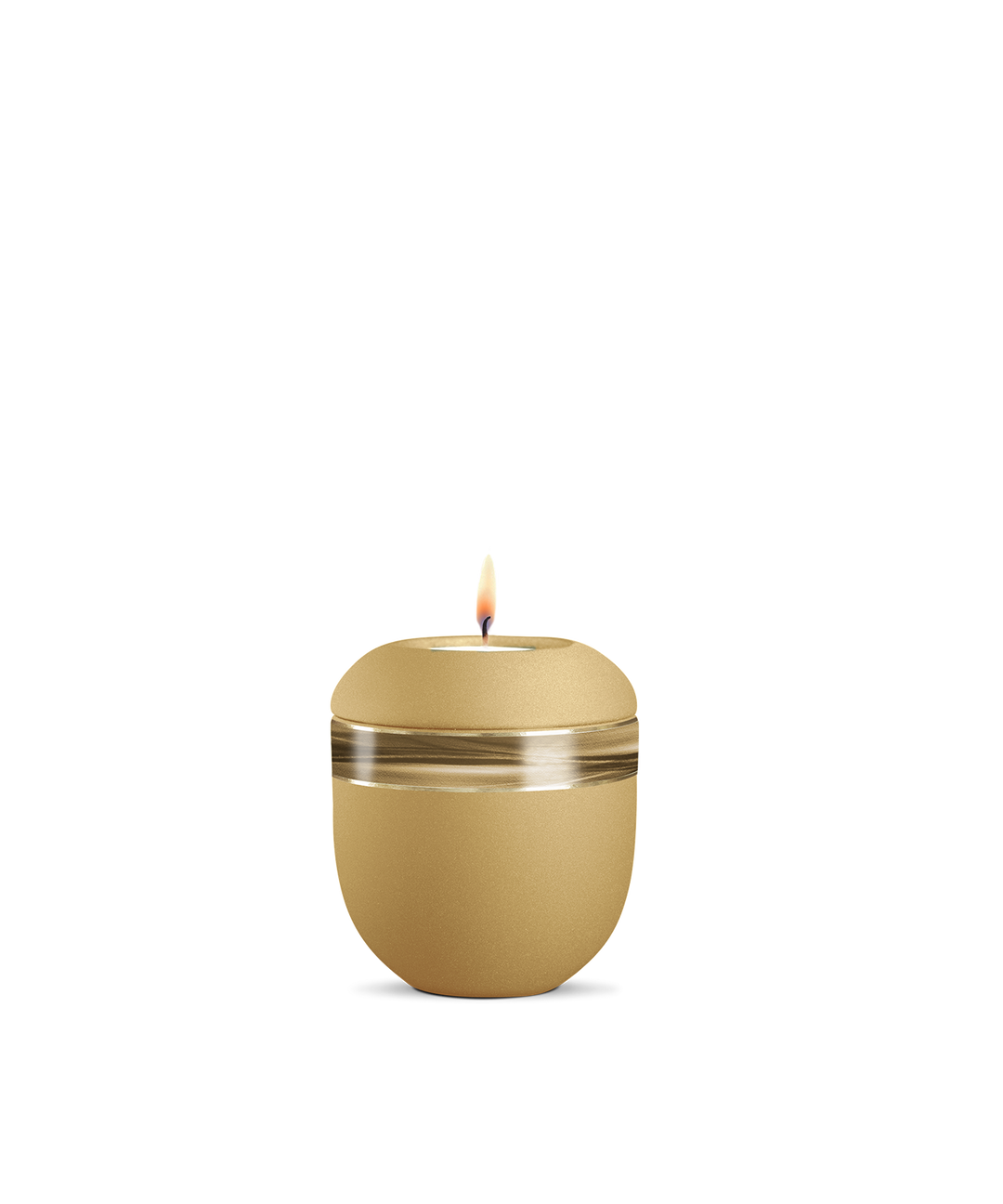 Gedenklicht für Verstorbene in Goldocker mit Wellendekor, Porzellan mit gebürstetem Golddekor, brennende Kerze.