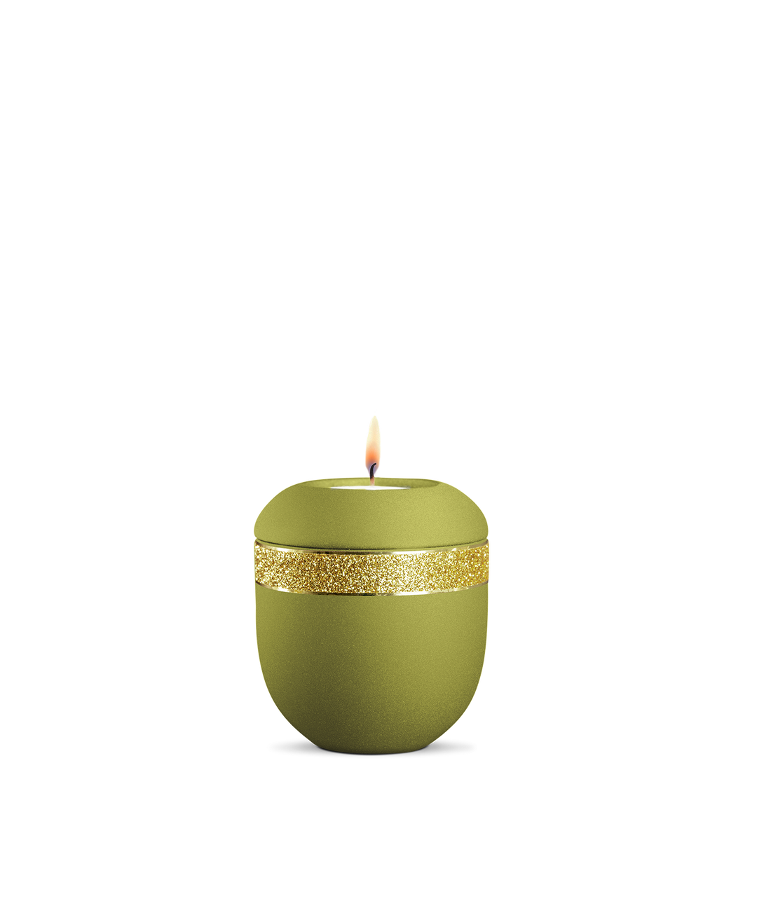 Gedenklicht für Verstorbene in Peridot mit goldenem Glitzer-Dekor, Porzellan mit glänzenden Goldstreifen, brennende Kerze.