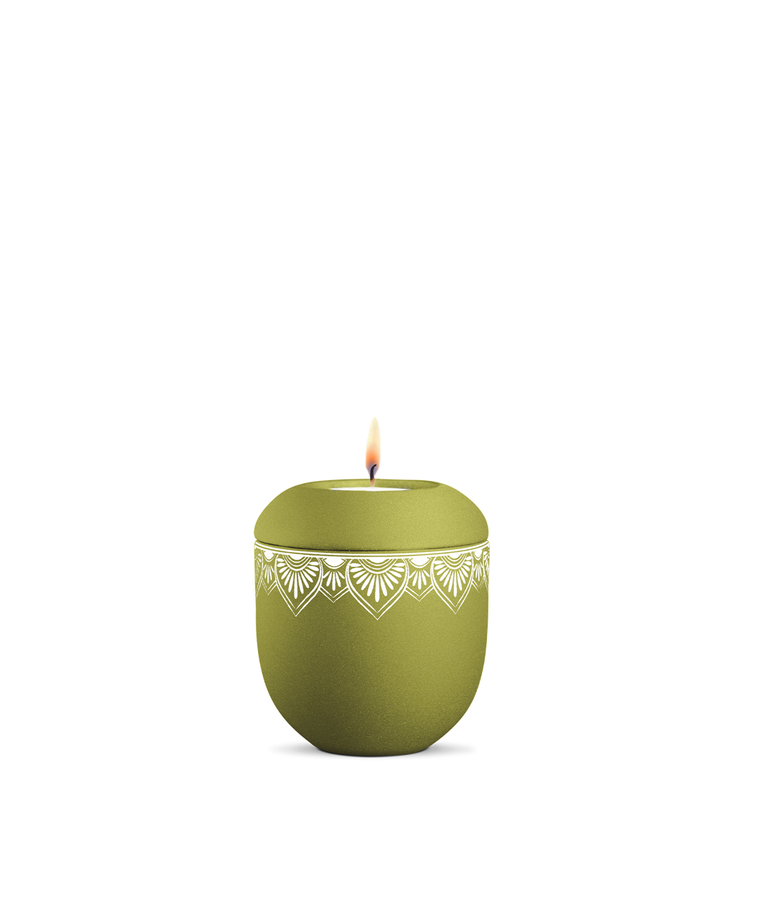 Gedenklicht für Verstorbene in Peridot mit umlaufendem Mandala, Porzellan, brennende Kerze, für Mensch und Tier.