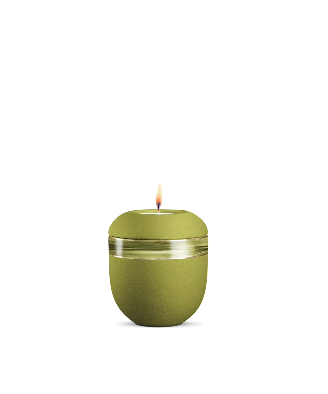 Gedenklicht für Verstorbene in Peridot mit Wellendekor, Porzellan mit gebürstetem Golddekor, brennende Kerze.