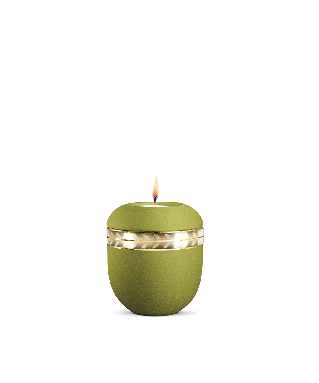 Gedenklicht für Verstorbene in Peridot mit Zweig-Motiv, Porzellan mit gebürstetem Golddekor, brennende Kerze.