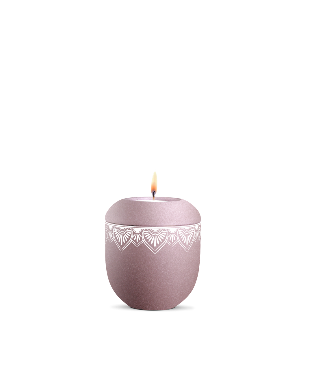Gedenklicht für Verstorbene in Rosé mit umlaufendem Mandala, Porzellan, brennende Kerze, für Mensch und Tier.
