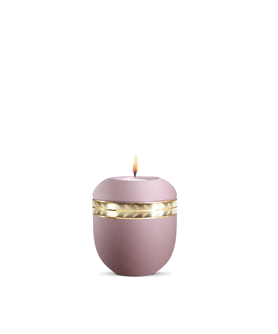Gedenklicht für Verstorbene in Rosé mit Zweig-Motiv, Porzellan mit gebürstetem Golddekor, brennende Kerze.