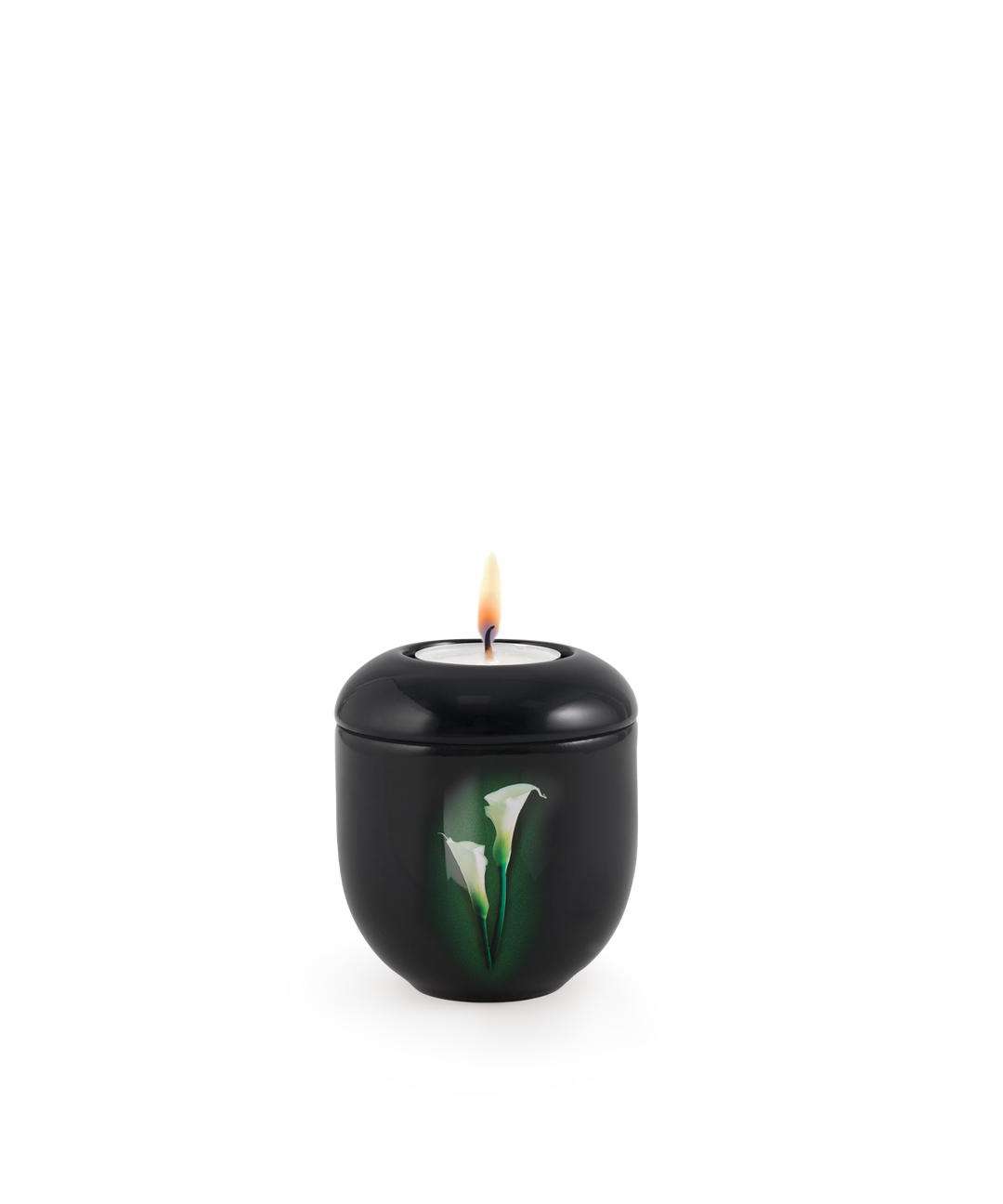 Gedenklicht für Verstorbene in Schwarz mit Calla-Blüten, Porzellan, brennende Kerze, für Mensch und Tier.