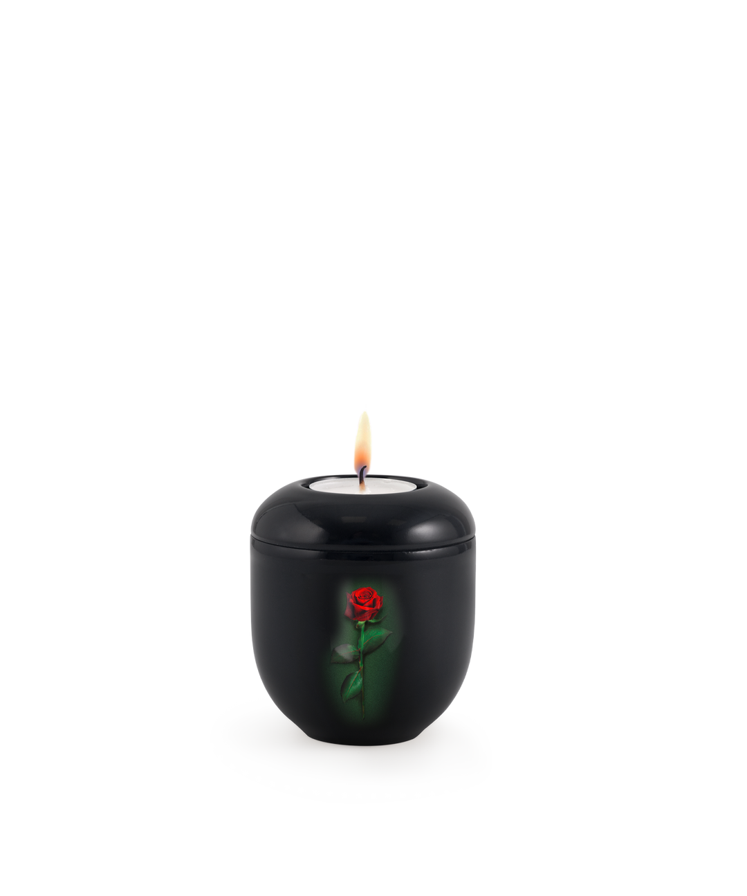 Gedenklicht für Verstorbene in Schwarz mit einzelner roter Rose, Porzellan, brennende Kerze, für Mensch und Tier.