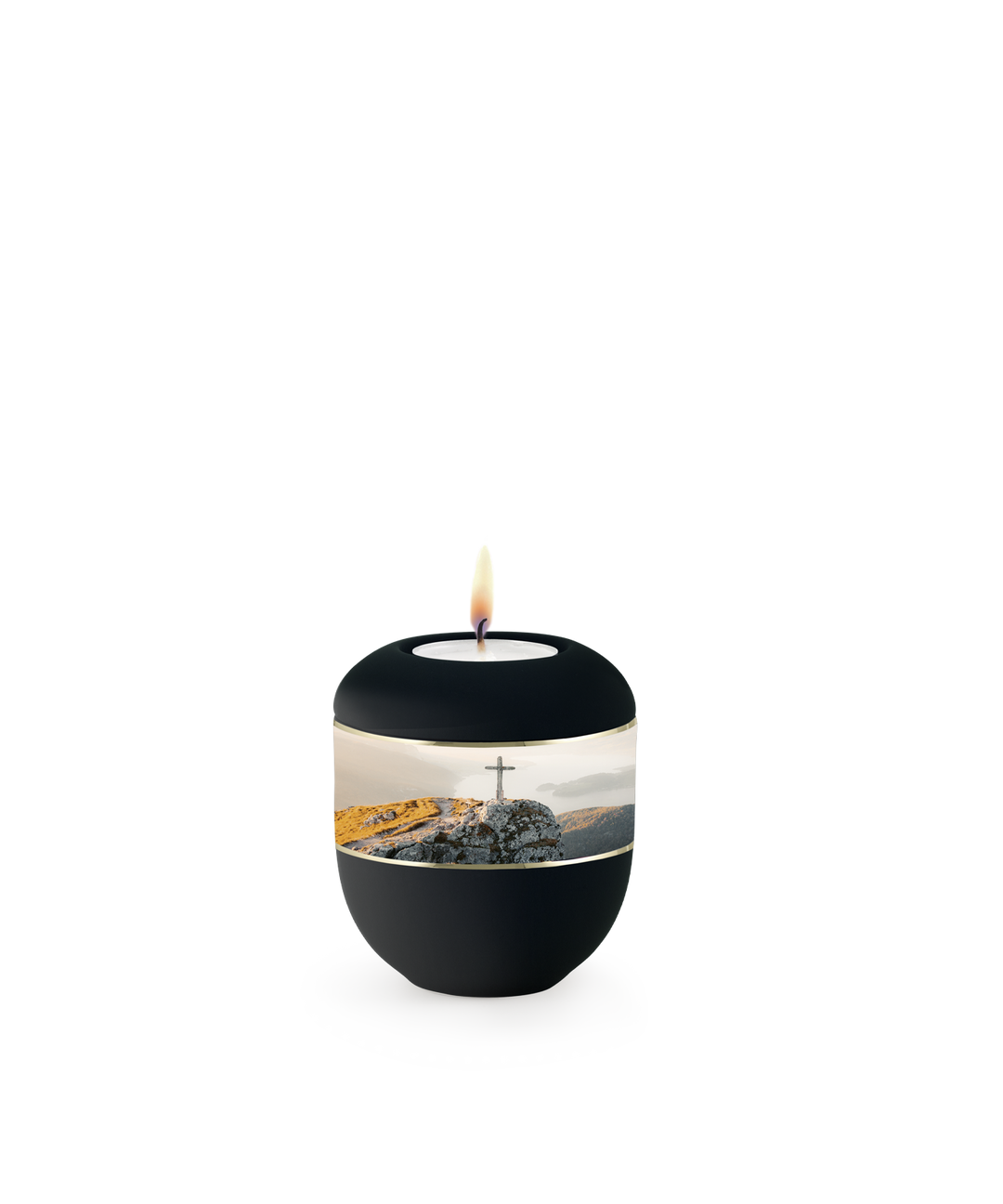 Gedenklicht für Verstorbene in Schwarz mit Gipfelkreuz und goldenem Zierband, Porzellan, brennende Kerze, für Mensch und Tier.