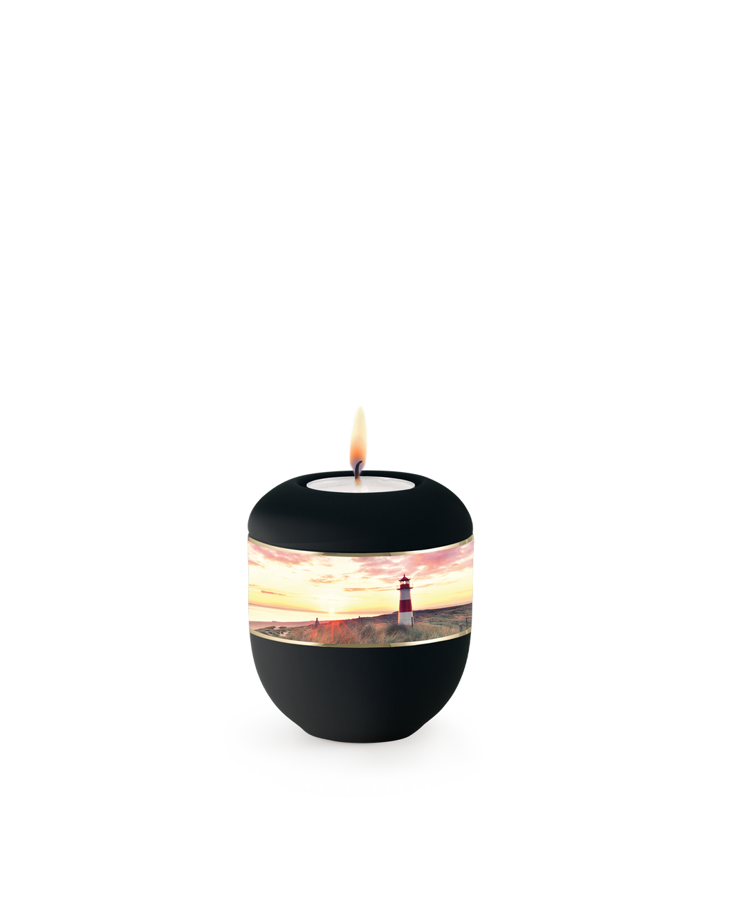 Gedenklicht für Verstorbene in Schwarz mit Leuchtturm und Dünenlandschaft, Porzellan, brennende Kerze, für Mensch und Tier.