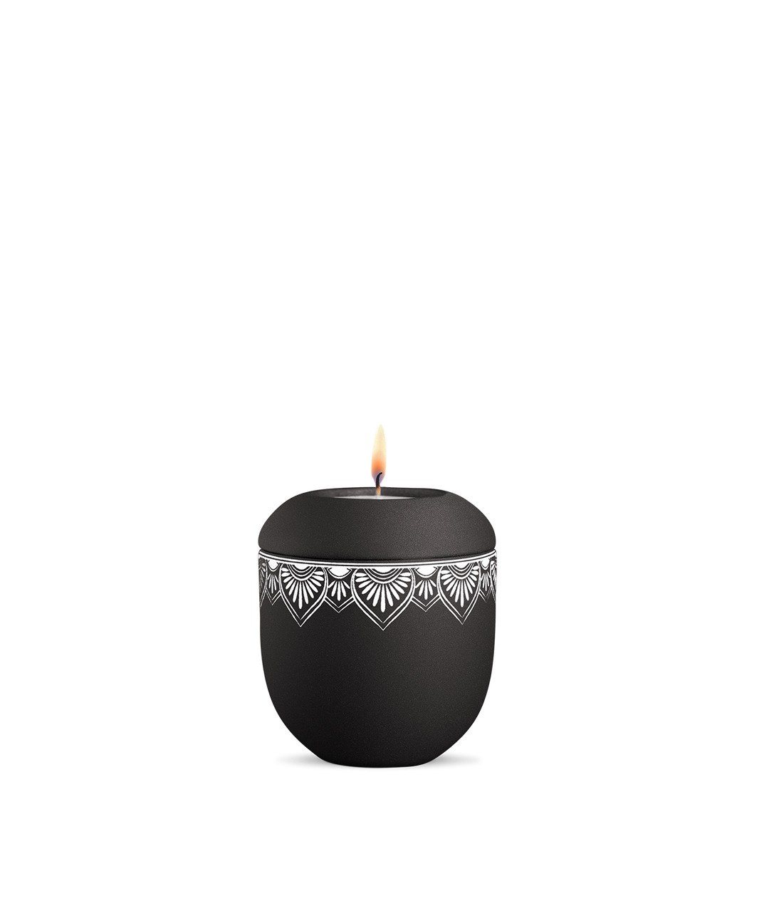 Gedenklicht für Verstorbene in Schwarz mit umlaufendem Mandala, Porzellan, brennende Kerze, für Mensch und Tier.