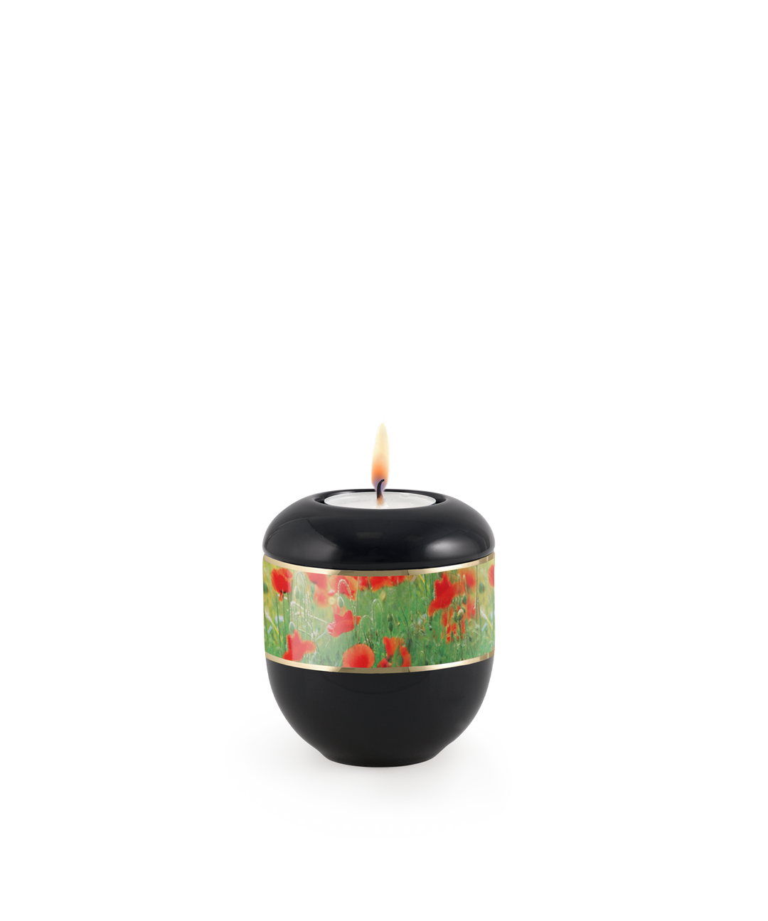 Gedenklicht für Verstorbene in Schwarz mit Mohnblumen auf Klavierlack, Porzellan, brennende Kerze, für Mensch und Tier.