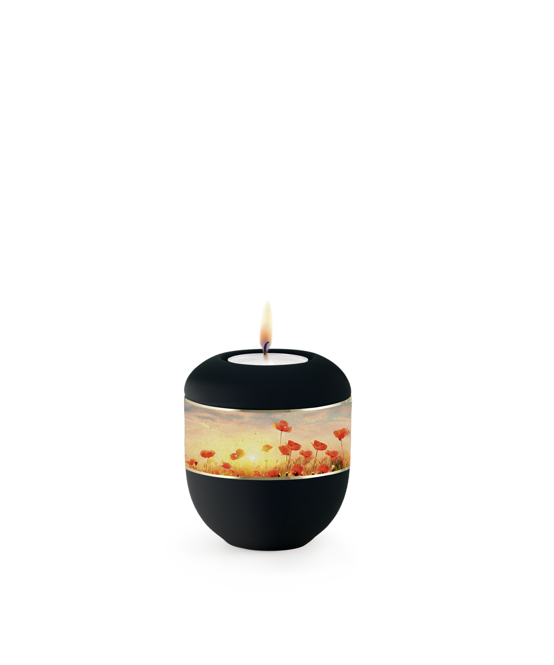 Gedenklicht für Verstorbene in Schwarz mit Mohn und goldenem Zierband, Porzellan, brennende Kerze, für Mensch und Tier.