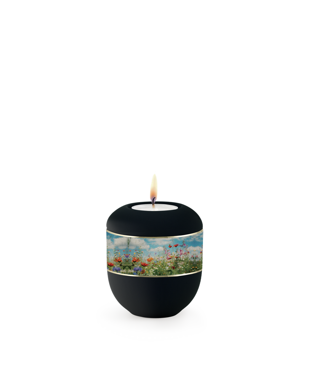 Gedenklicht für Verstorbene in Schwarz mit Mohnblumen und goldenem Zierband, Porzellan, brennende Kerze, für Mensch und Tier.