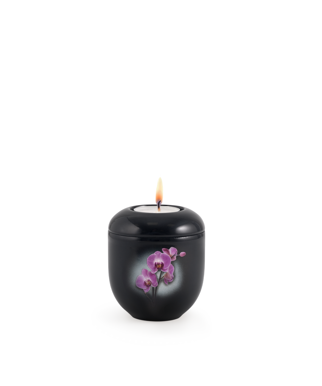 Gedenklicht für Verstorbene in Schwarz mit Orchideenarrangement, Porzellan, brennende Kerze, für Mensch und Tier.