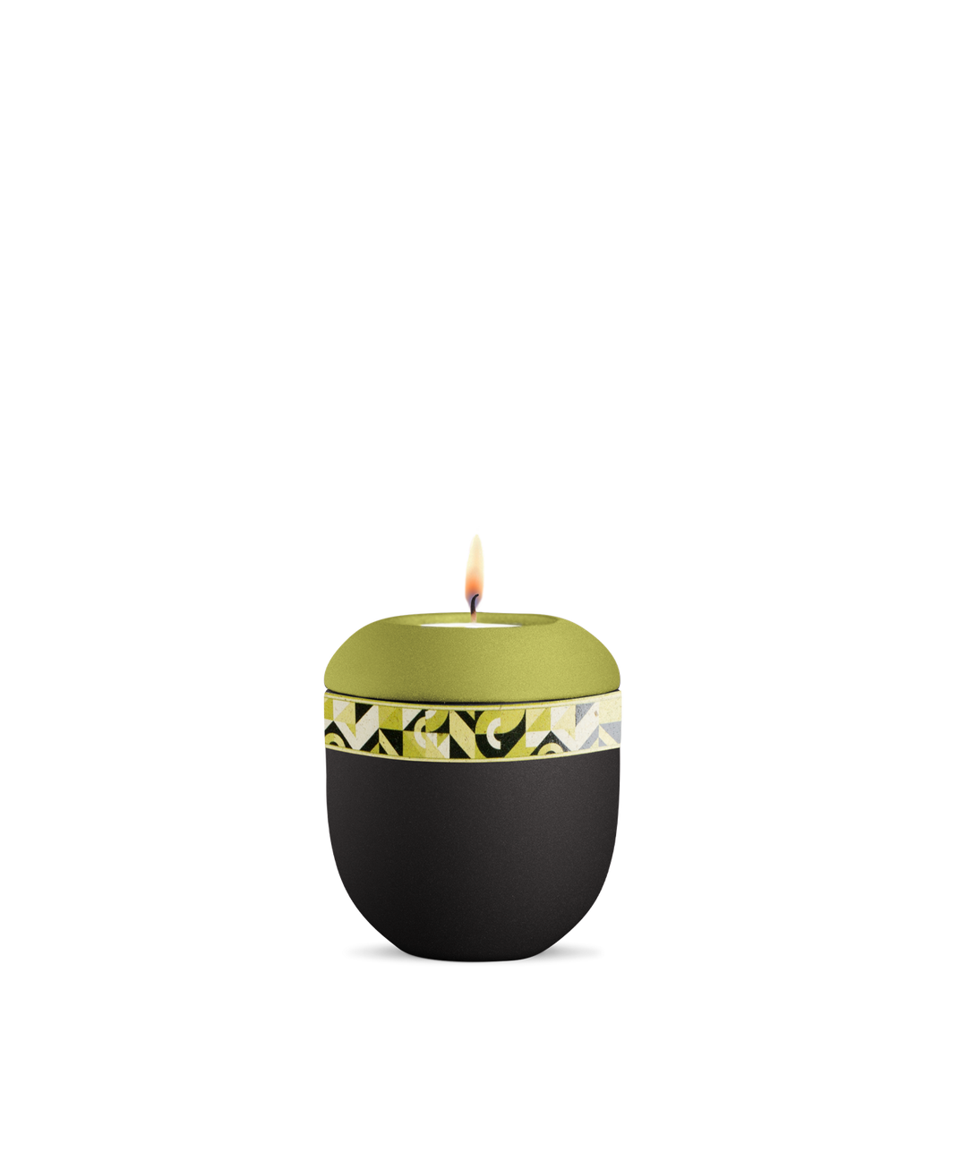 Gedenklicht für Verstorbene in Schwarz-Peridot mit geometrischem Naturfaser-Dekor, Porzellan, brennende Kerze, für Mensch und Tier.