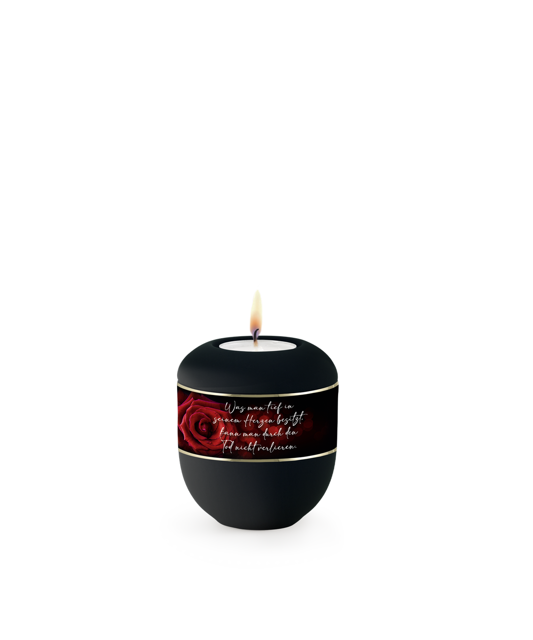 Gedenklicht für Verstorbene in Schwarz mit Rosenmotiv und Trauertext, Porzellan, brennende Kerze, für Mensch und Tier.