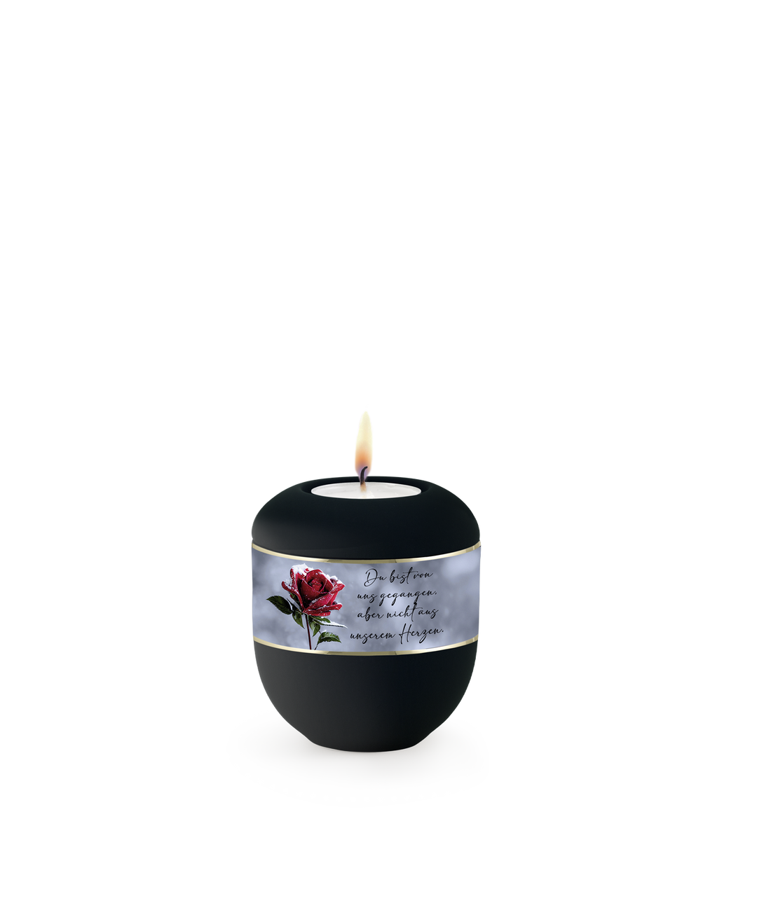 Gedenklicht für Verstorbene in Schwarz mit vollflächigem Rosenmotiv, Porzellan, brennende Kerze, für Mensch und Tier.