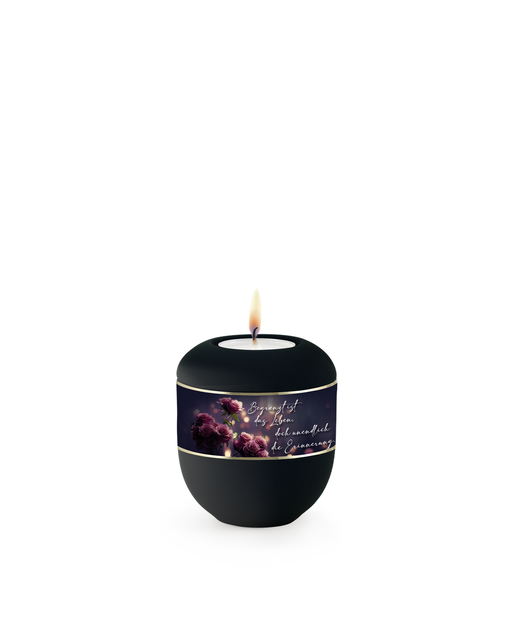 Gedenklicht für Verstorbene in Schwarz mit Rosenmotiv und goldenem Zierband, Porzellan, brennende Kerze, für Mensch und Tier.