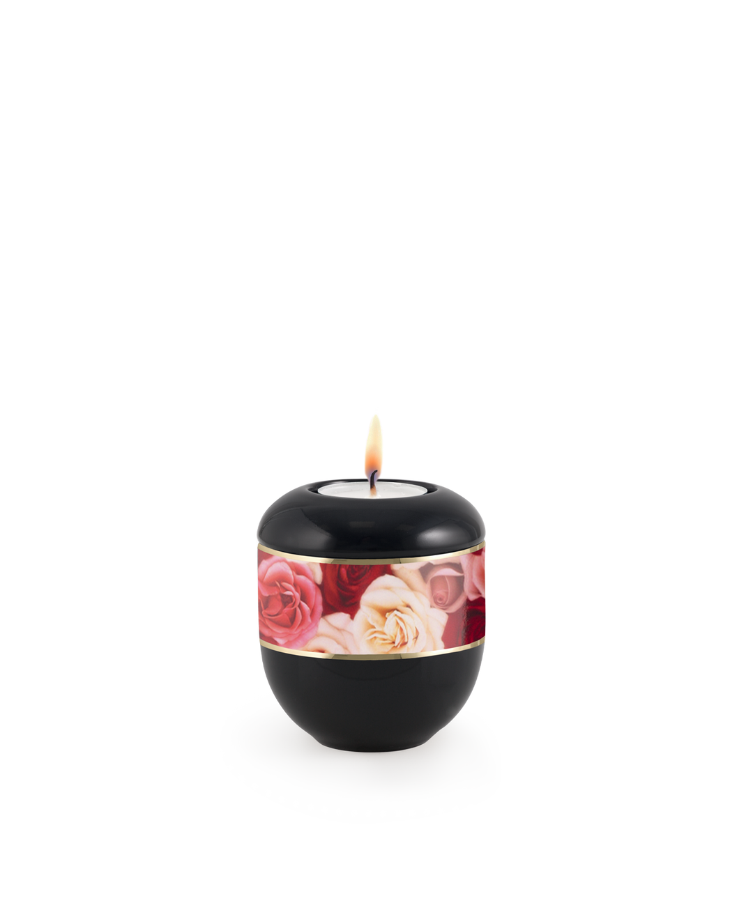 Gedenklicht für Verstorbene in Schwarz mit Rosen auf Klavierlack, Porzellan, brennende Kerze, für Mensch und Tier.
