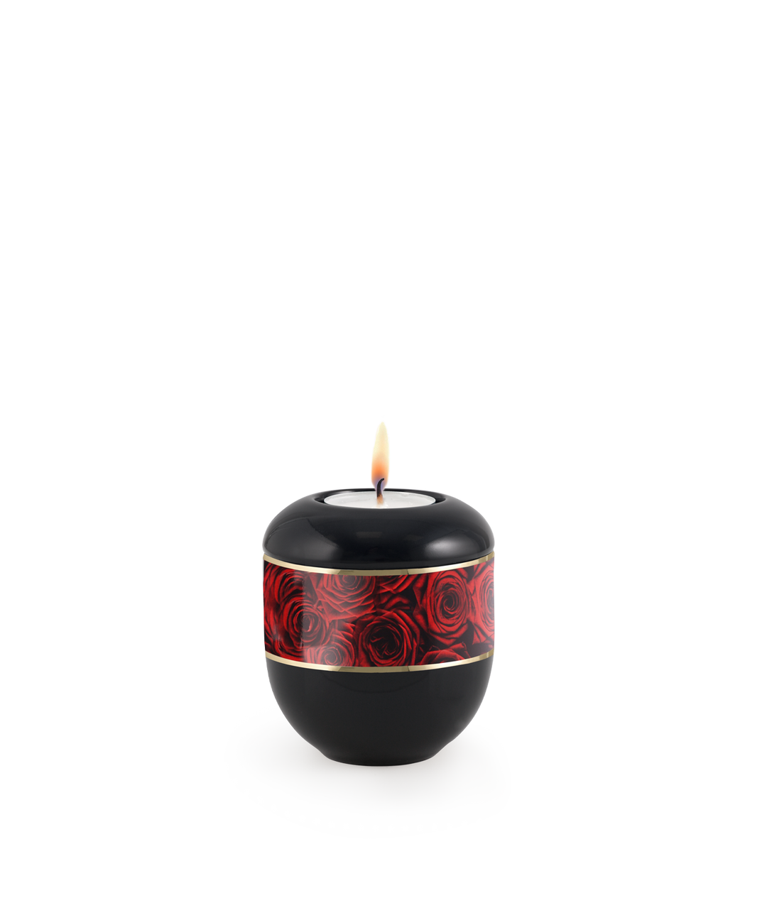 Gedenklicht für Verstorbene in Schwarz mit Rosenbouquet auf Klavierlack, Porzellan, brennende Kerze, für Mensch und Tier.