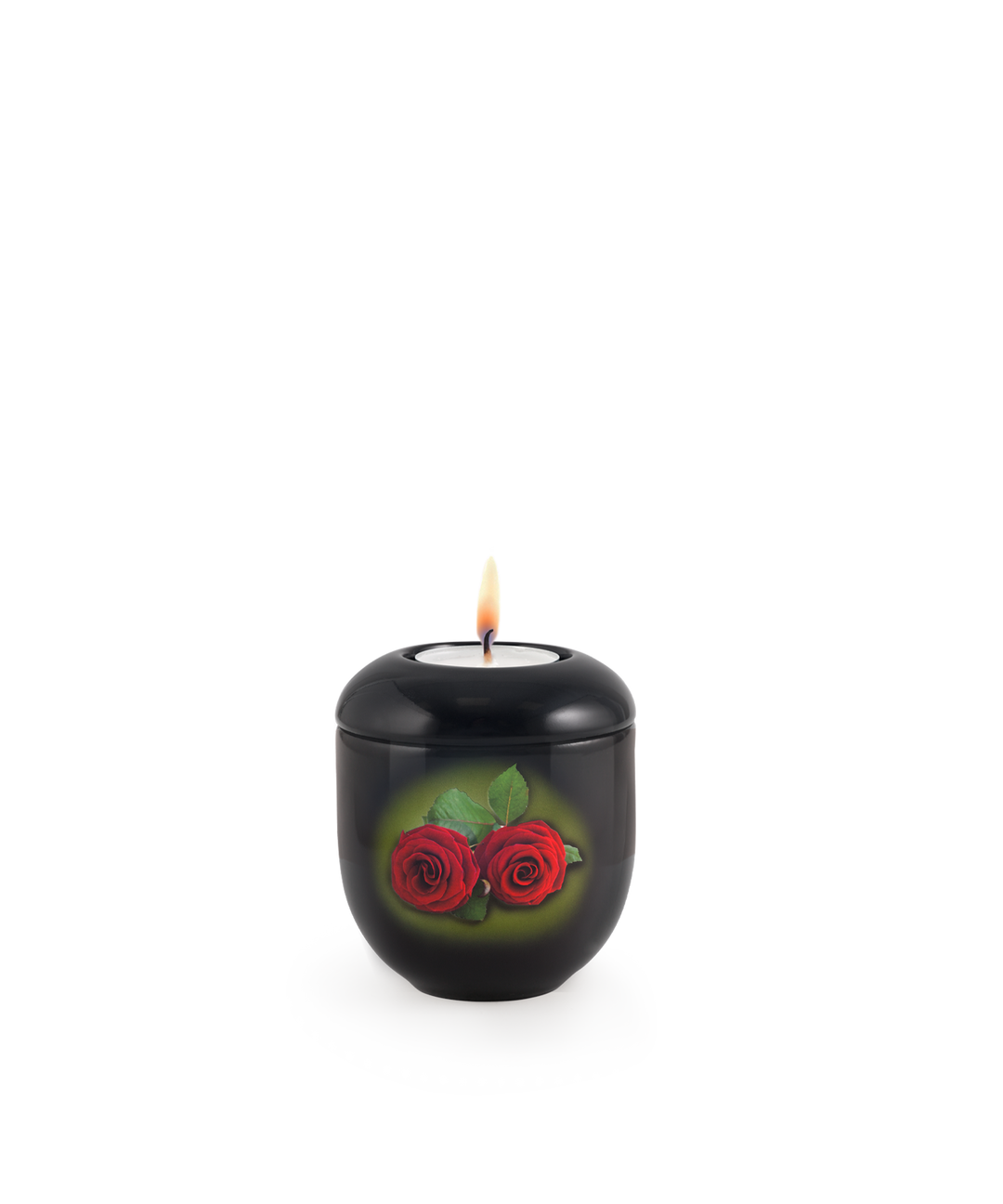 Gedenklicht für Verstorbene in Schwarz mit Rosenpaar, Porzellan, brennende Kerze, für Mensch und Tier.