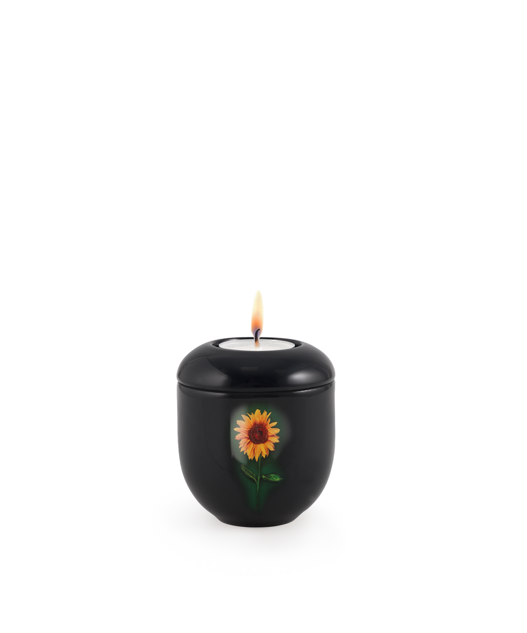 Gedenklicht für Verstorbene in Schwarz mit Sonnenblume, Porzellan, brennende Kerze, für Mensch und Tier.
