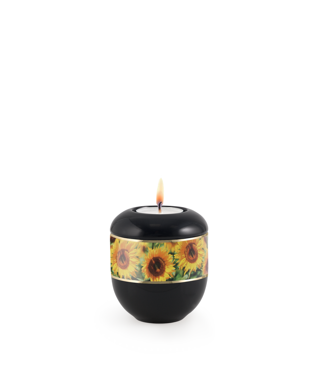 Gedenklicht für Verstorbene in Schwarz mit Sonnenblumen auf Klavierlack, Porzellan, brennende Kerze, für Mensch und Tier.