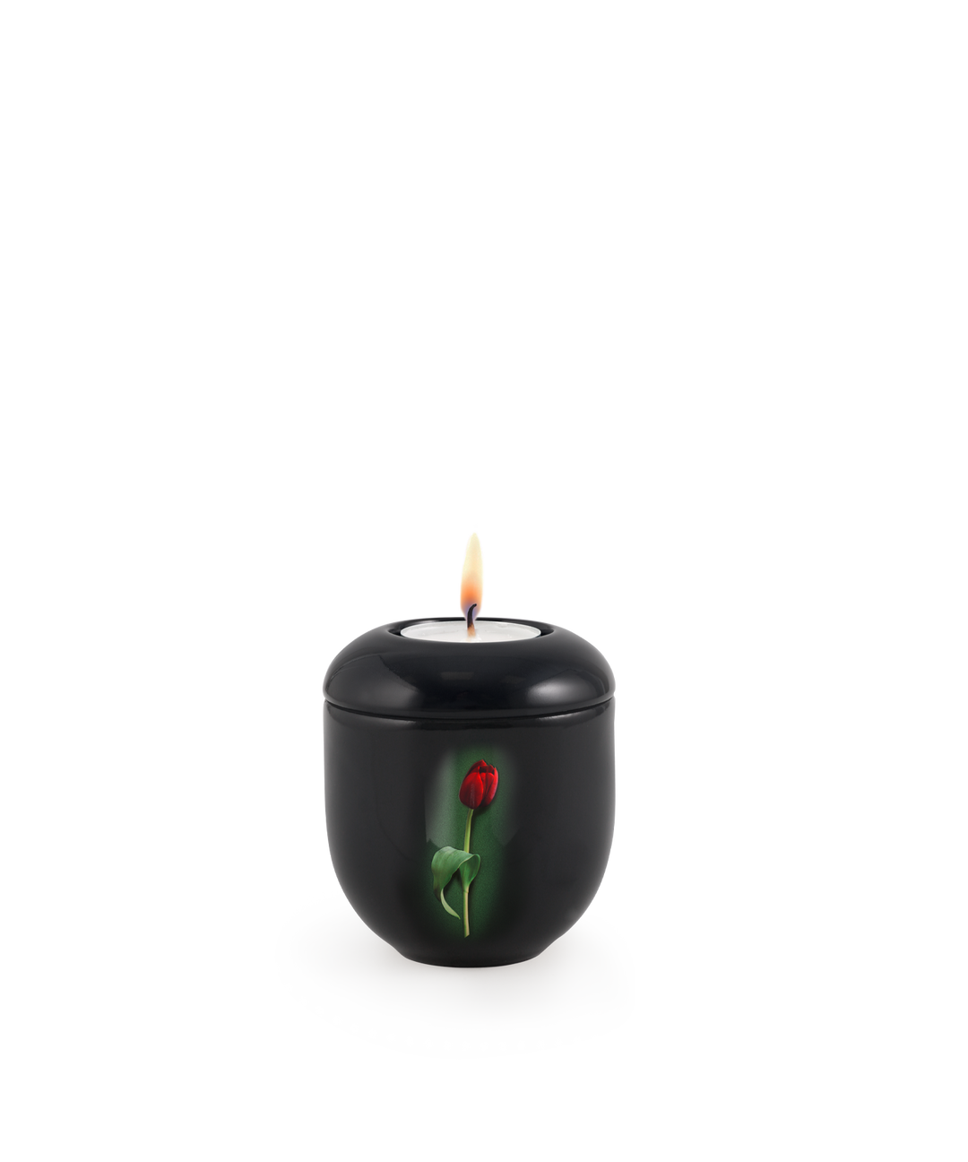 Gedenklicht für Verstorbene in Schwarz mit roter Tulpe, Porzellan, brennende Kerze, für Mensch und Tier.