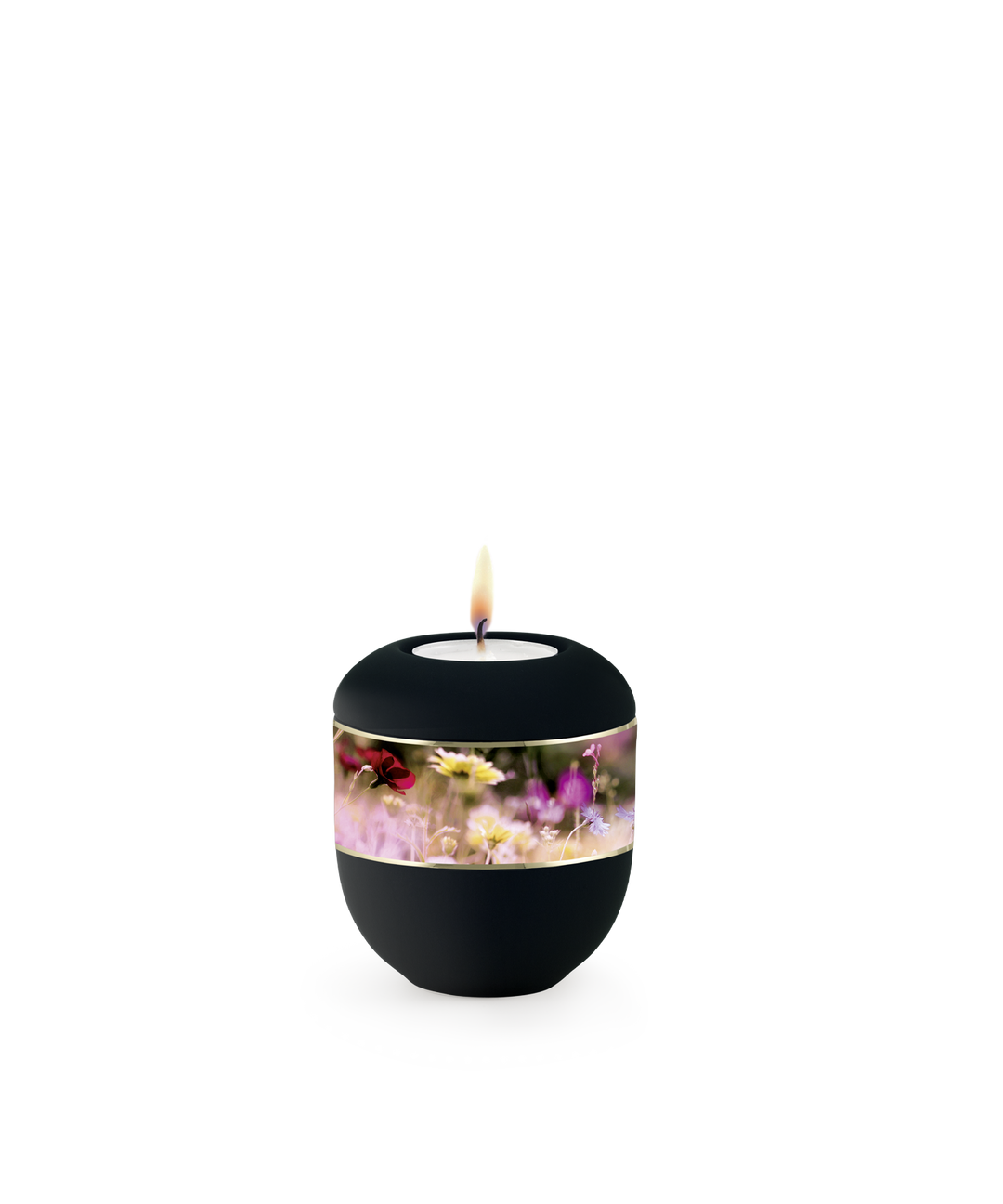Gedenklicht für Verstorbene in Schwarz mit Wildblumenwiese und goldenem Zierband, Porzellan, brennende Kerze, für Mensch und Tier.