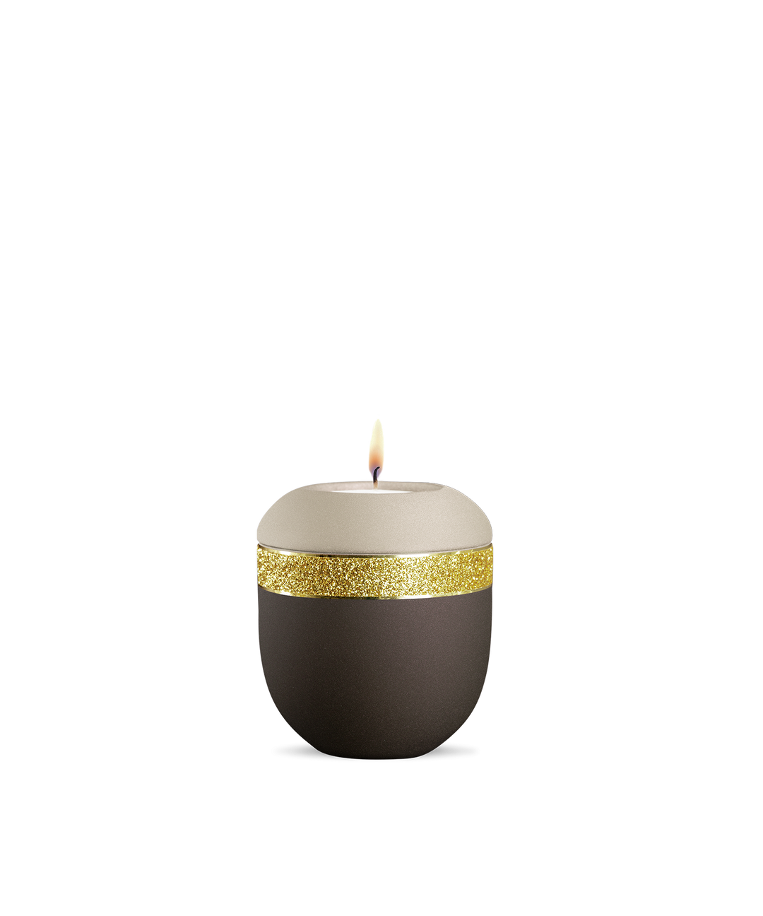Gedenklicht für Verstorbene in Siena-Champagner mit goldenem Glitzer-Dekor, Porzellan, brennende Kerze.