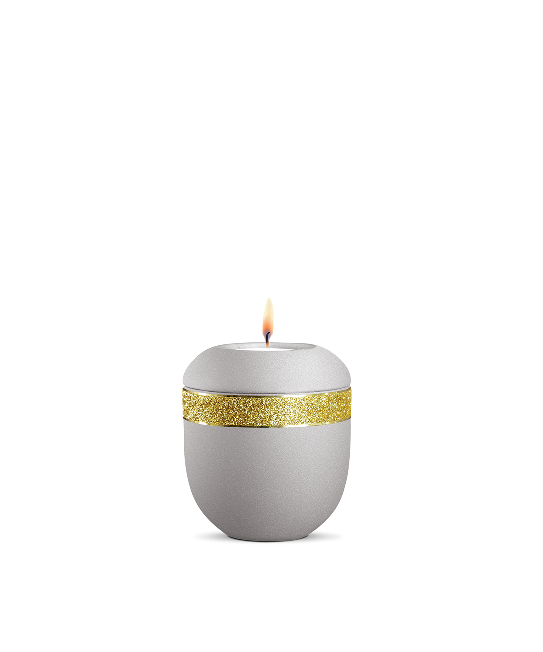 Gedenklicht für Verstorbene in Silbergrau mit goldenem Glitzer-Dekor, Porzellan mit glänzenden Goldstreifen, brennende Kerze.