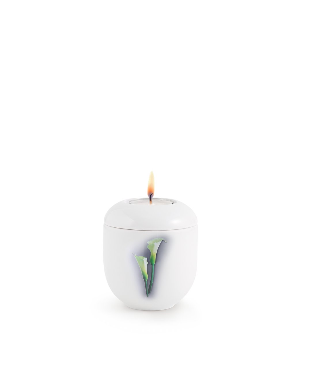 Gedenklicht für Verstorbene in Weiß mit Calla-Blüten, Porzellan, brennende Kerze, für Mensch und Tier.