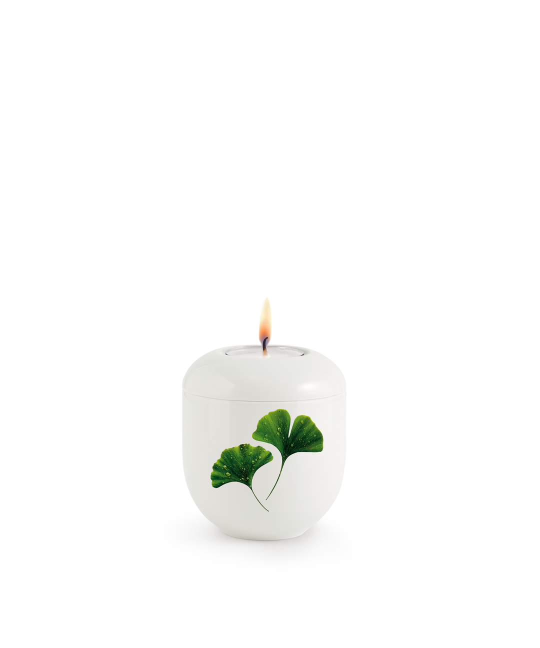 Gedenklicht für Verstorbene in Weiß mit Ginkgoblättern (Yin Yang), Porzellan, brennende Kerze, für Mensch und Tier.