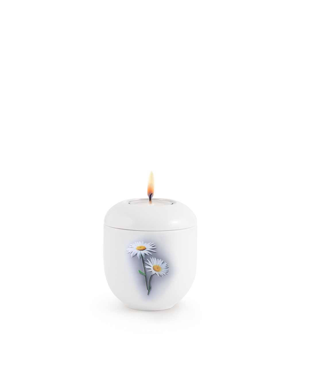 Gedenklicht für Verstorbene in Weiß mit Margeriten, Porzellan, brennende Kerze, für Mensch und Tier.
