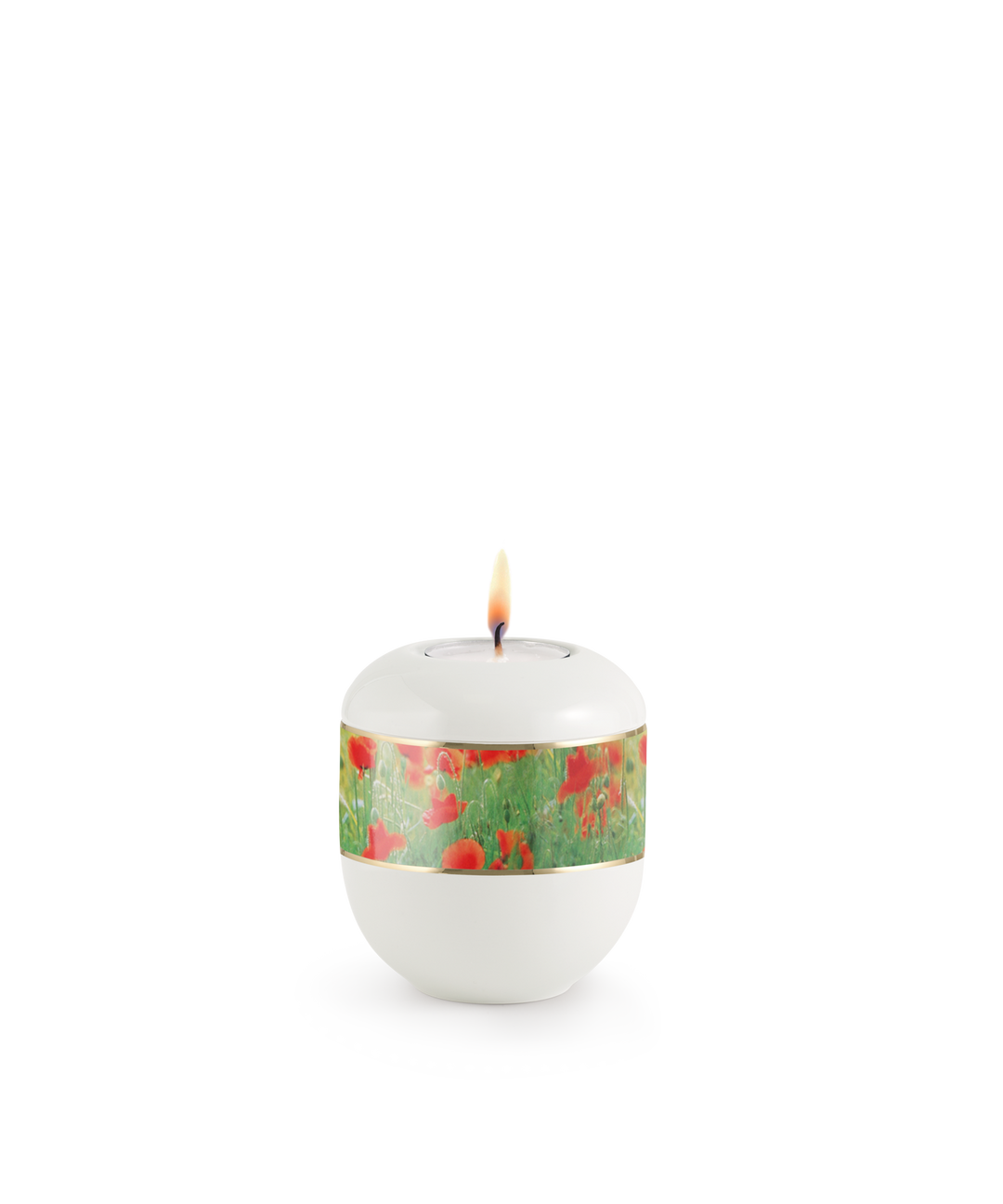 Gedenklicht für Verstorbene in Weiß mit Mohnblumen, Porzellan, brennende Kerze, für Mensch und Tier.