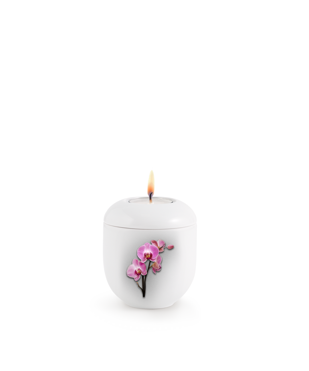 Gedenklicht für Verstorbene in Weiß mit Orchideenarrangement, Porzellan, brennende Kerze, für Mensch und Tier.